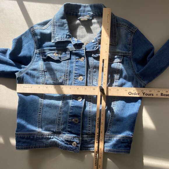 Mossimo Jean Jacket Womens Medium Trucker Cropped Blue Stretch Denim Retro - Picture 9 of 16